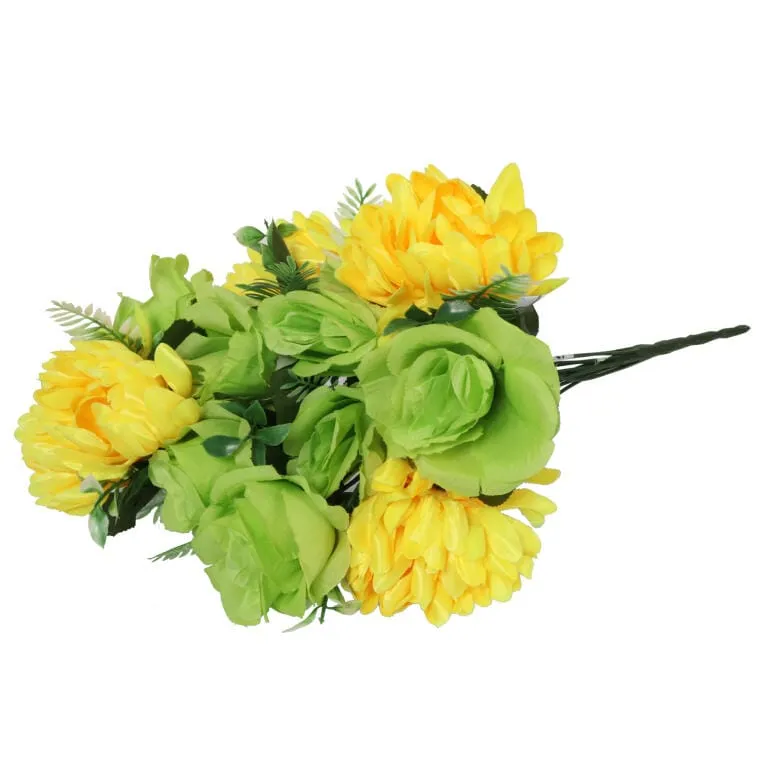 Bukiet Sztucznych Kwiatów Mix Róży I Chryzantemy W Kolorze Zielonym 50 cm - Żółto