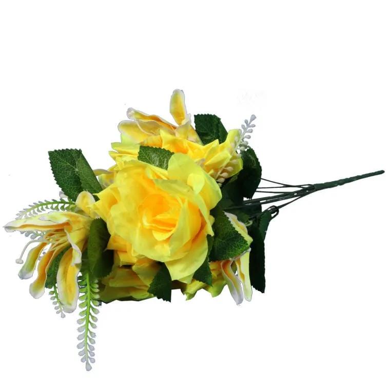 Bukiet Kwiatów Kolorowy Mix Z Różą I Lilią W Odcieniach Ciemnoróżowym I Żółtym - 54 cm