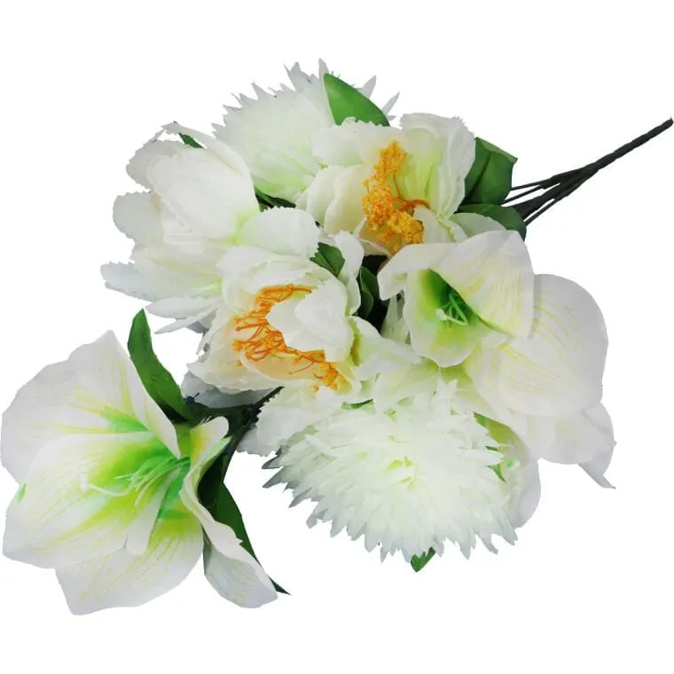Biały Bukiet Luksusowych Kwiatów Sztucznych: Lilia, Amarylis, Chryzantema - 9 Sztuk, Wysokość 58 cm