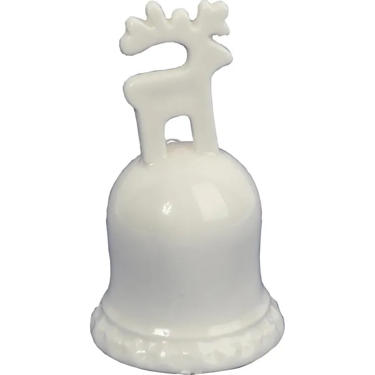 Dzwonek Ceramiczny Ze Szkliwionego Ceramiki Z Figurką Renifera Na Świąteczny Stół - Biały
