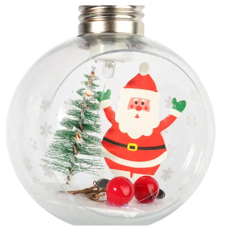 Bombka Świąteczna LED Z Figurką Mikołaja, 8 cm, Biało-Przezroczysta, Zasilana Bateriami