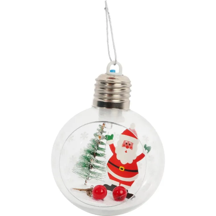 Bombka Świąteczna LED Z Figurką Mikołaja, 8 cm, Biało-Przezroczysta, Zasilana Bateriami