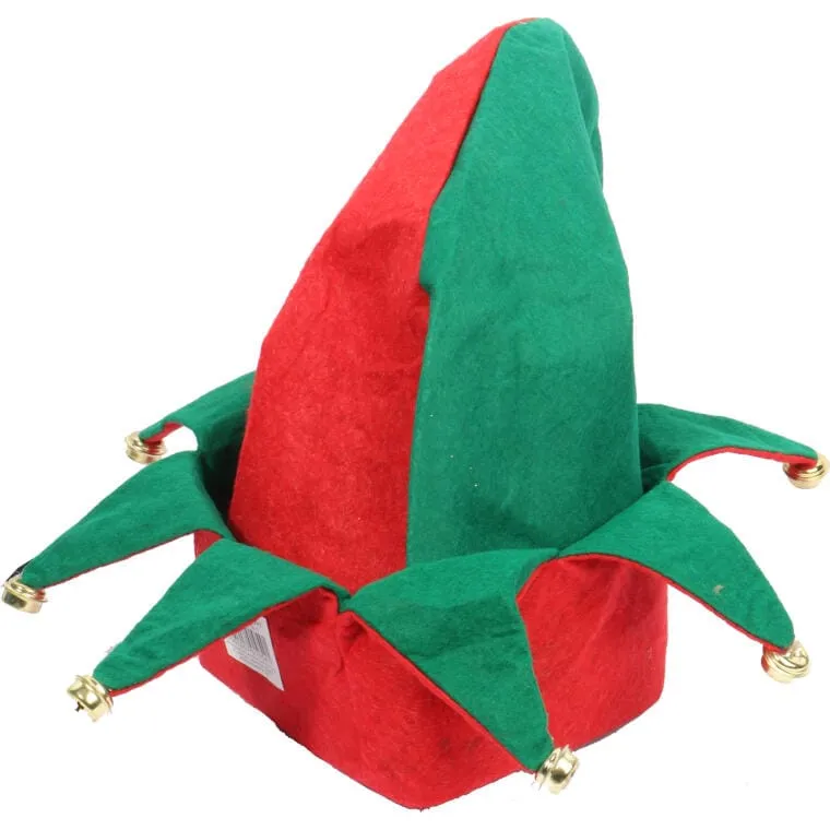 Filcowa Czapka Skrzata W Kolorach Zielonym I Czerwonym Z Dzwoneczkami 33x29cm