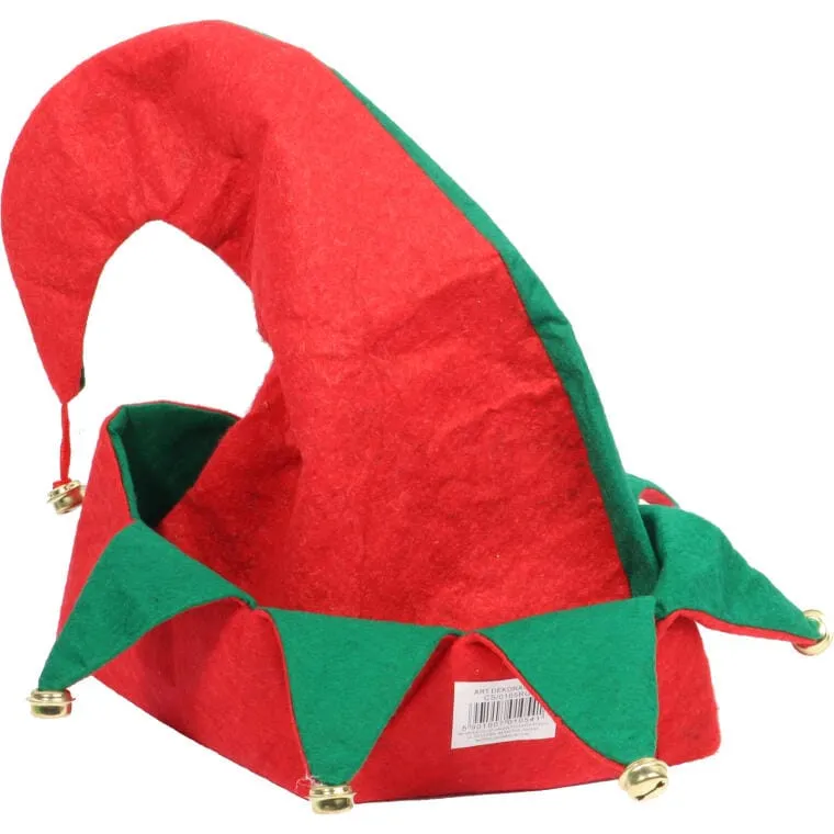 Filcowa Czapka Skrzata W Kolorach Zielonym I Czerwonym Z Dzwoneczkami 33x29cm