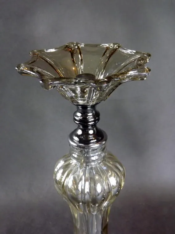 Elegancki Świecznik Stojący Z Brązowego Metalu I Szkła 14x34 cm Z Antypoślizgowym Spodem