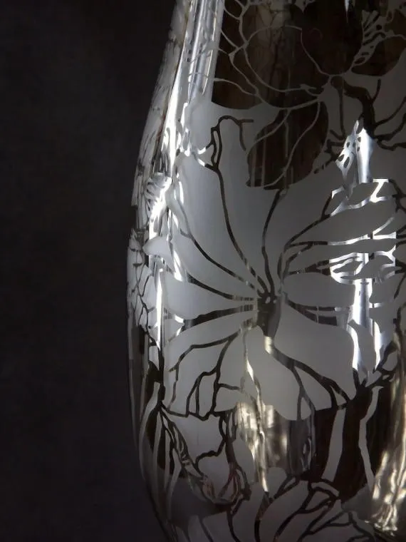 Elegancki Wazon Z Opalizującym Szkłem I Chromem, Dekor Kwiatowy, Antypoślizgowy, Wysoki 15x55 cm