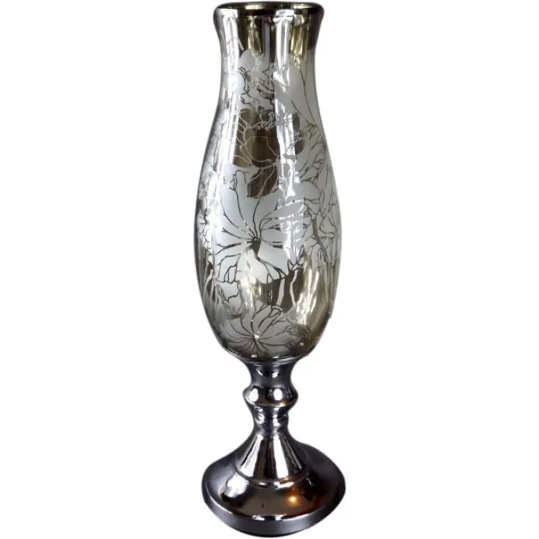 Elegancki Wazon Z Opalizującym Szkłem I Chromem, Dekor Kwiatowy, Antypoślizgowy, Wysoki 15x55 cm