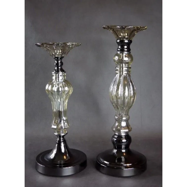 Elegancki Stojący Świecznik Z Brązowego Metalu I Szkła 14x38 cm - Wyższy Model W Kolekcji