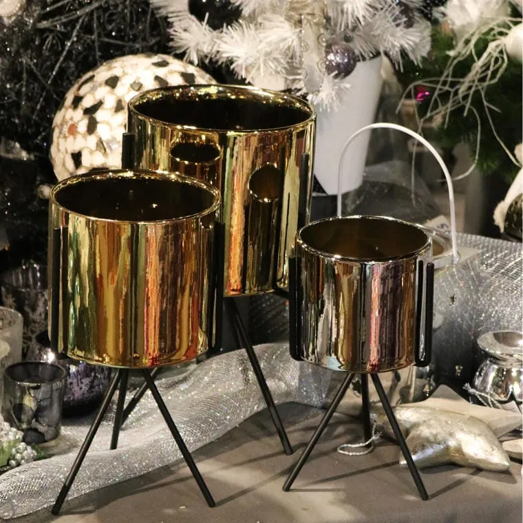 Ceramiczna Osłonka Na Metalowym Trojnogu 27 cm - Złota