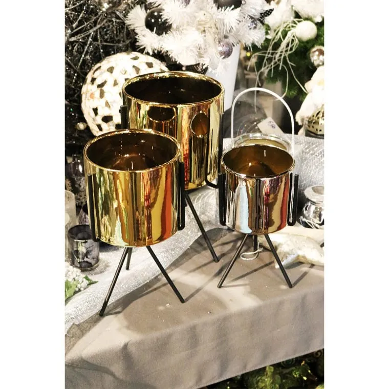 Ceramiczna Osłonka Na Metalowym Trojnogu 27 cm - Złota