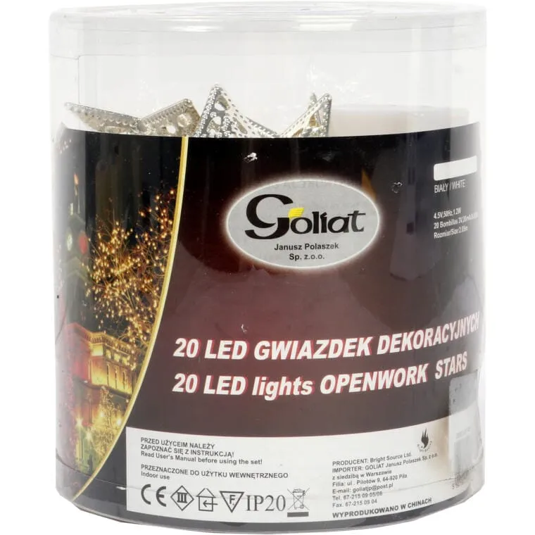 Srebrne Metalowe Lampki Choinkowe W Kształcie Gwiazd - 20 LED, Zasilane Bateryjnie, Długość 2,85 Metra
