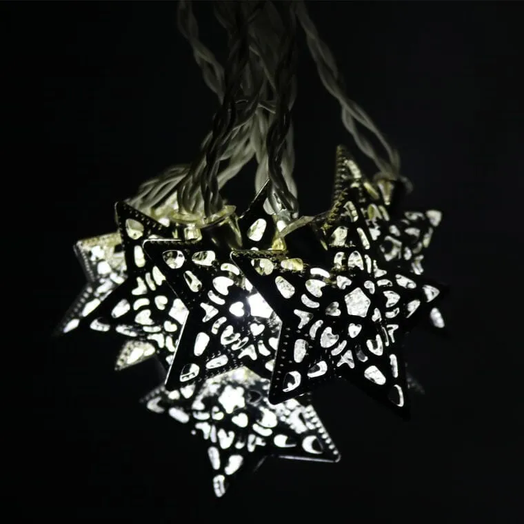 Srebrne Metalowe Lampki Choinkowe W Kształcie Gwiazd - 20 LED, Zasilane Bateryjnie, Długość 2,85 Metra