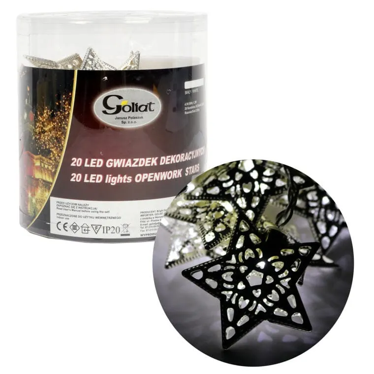 Srebrne Metalowe Lampki Choinkowe W Kształcie Gwiazd - 20 LED, Zasilane Bateryjnie, Długość 2,85 Metra