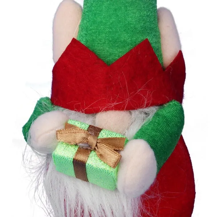 Figurka Świątecznego Skrzata Z Dzwonkiem I Prezentem, 25 cm, Kolor - Czerwono-Zielony