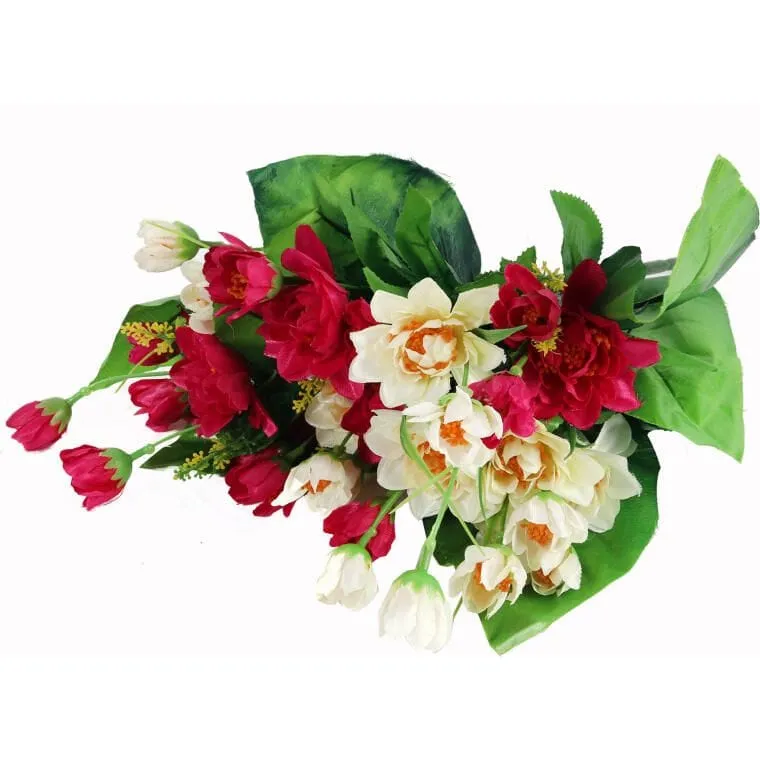 Bukiet 12 Drobnych Dalii Z Dużymi Liśćmi 42 cm Bordo