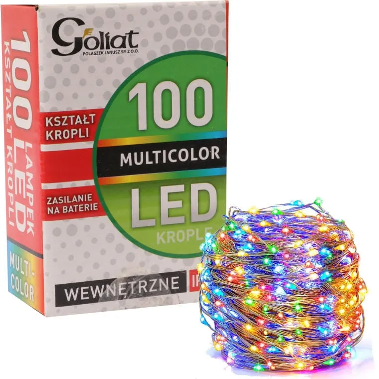 Łezki Choinkowe Na Druciku 100 LED Multikolor, Zasilane Bateriami, Energooszczędne