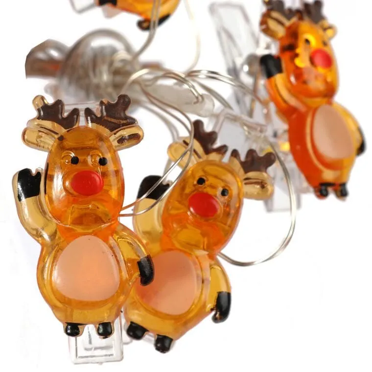 Lampki Świąteczne Reniferki LED Na Klamerkach 10 Sztuk, Brązowe, Zasilanie Bateryjne, Długość 130 cm