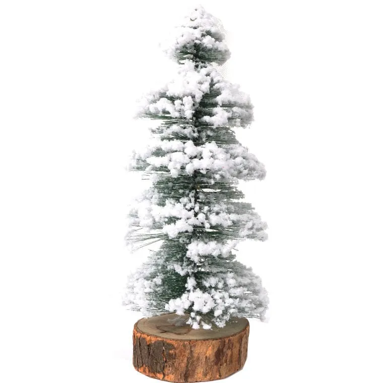 Choinka LED Ośnieżona Na Drewnianej Podstawie, Zielona, 30cm, Zasilana Bateriami