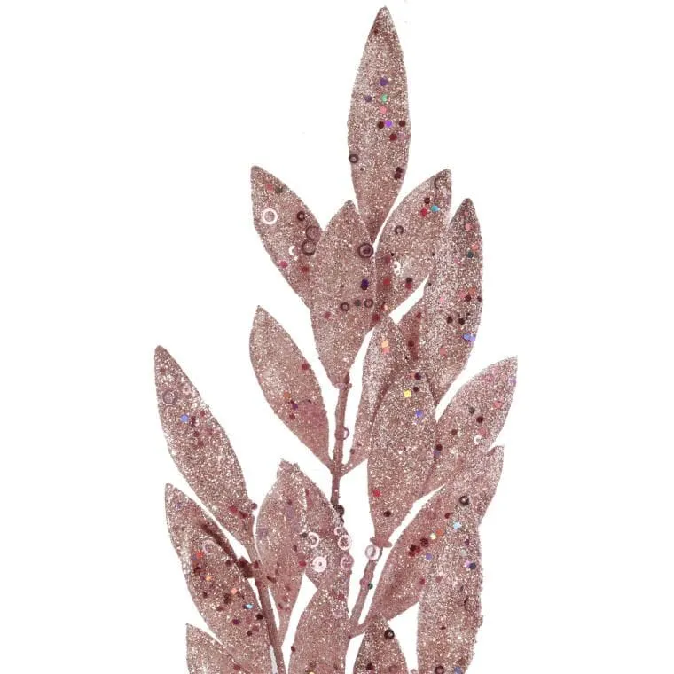 Gałązka Z Liśćmi Oliwnymi Pokryta Brokatem, 75 cm - Różowa