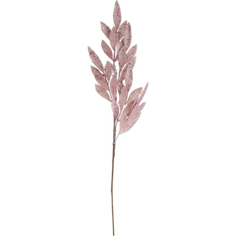 Gałązka Z Liśćmi Oliwnymi Pokryta Brokatem, 75 cm - Różowa