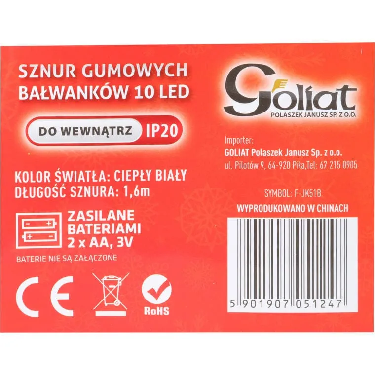 Świąteczne Lampki-Bałwanki LED Na Sznurze, Zasilane Bateriami, 10 szt