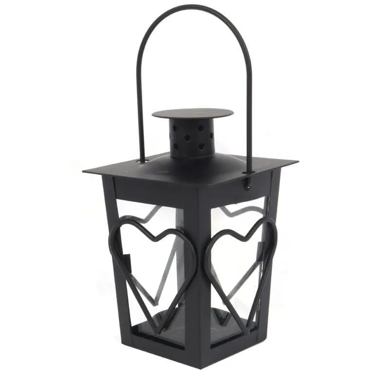 Metalowa Latarenka Na Świeczkę Tealight Z Motywem Serca 12 cm - Czarna