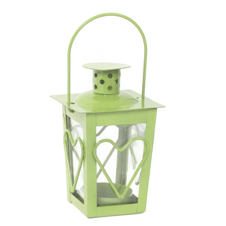 Metalowo-Szklana Latarnia Na Świeczki Tealight Z Serduszkiem - Zielona