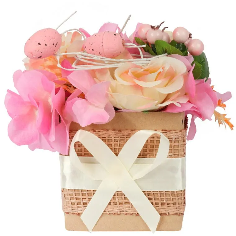 Stroik Wielkanocny Flower Box Z Różowymi Jajkami I Sztucznymi Kwiatami