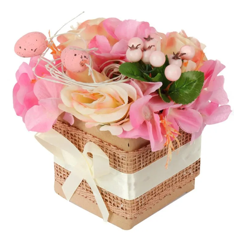Stroik Wielkanocny Flower Box Z Różowymi Jajkami I Sztucznymi Kwiatami