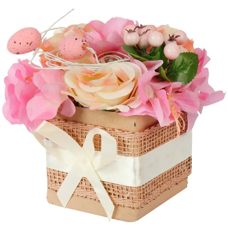 Stroik Wielkanocny Flower Box Z Różowymi Jajkami I Sztucznymi Kwiatami