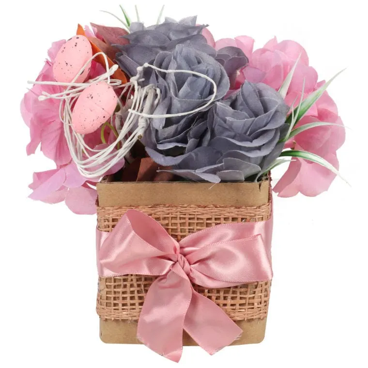 Stroik Wielkanocny Flower Box Z Jajeczkami I Kwiatami Sztucznymi - Różowy