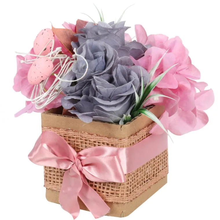 Stroik Wielkanocny Flower Box Z Jajeczkami I Kwiatami Sztucznymi - Różowy