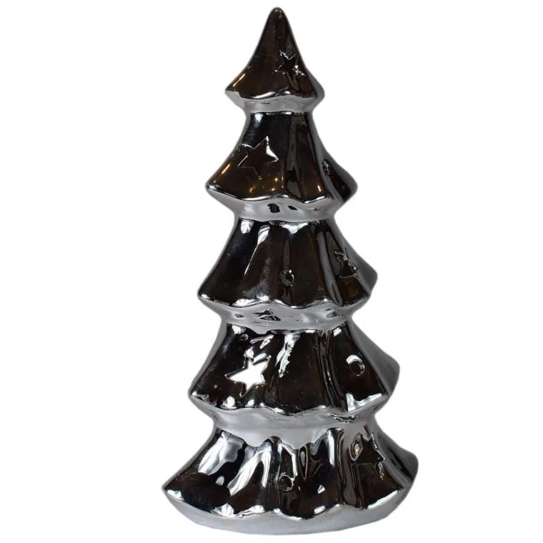 Lampion Ceramiczny W Kształcie Choinki Na Świecę Tealight - Srebrny
