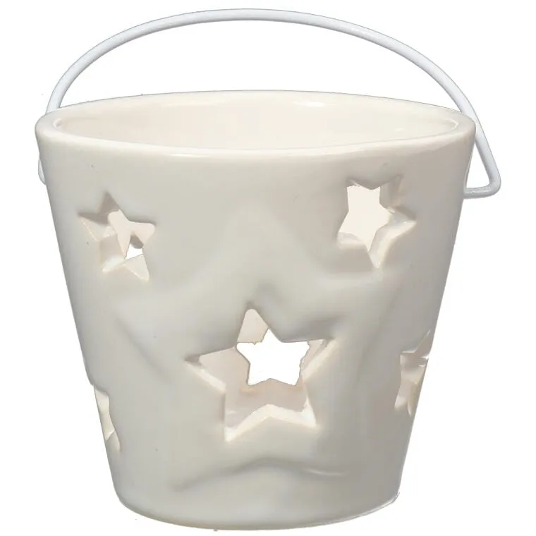 Świecznik Ceramiczny W Kształcie Lampionu Z Gwiezdnym Wzorem - Biały
