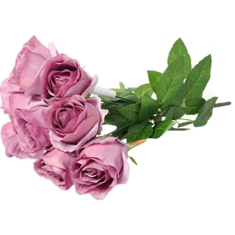 Sztuczne Róże W Bukiecie - 9 Sztuk, Kolor Fioletowy, Wysokość 45 cm