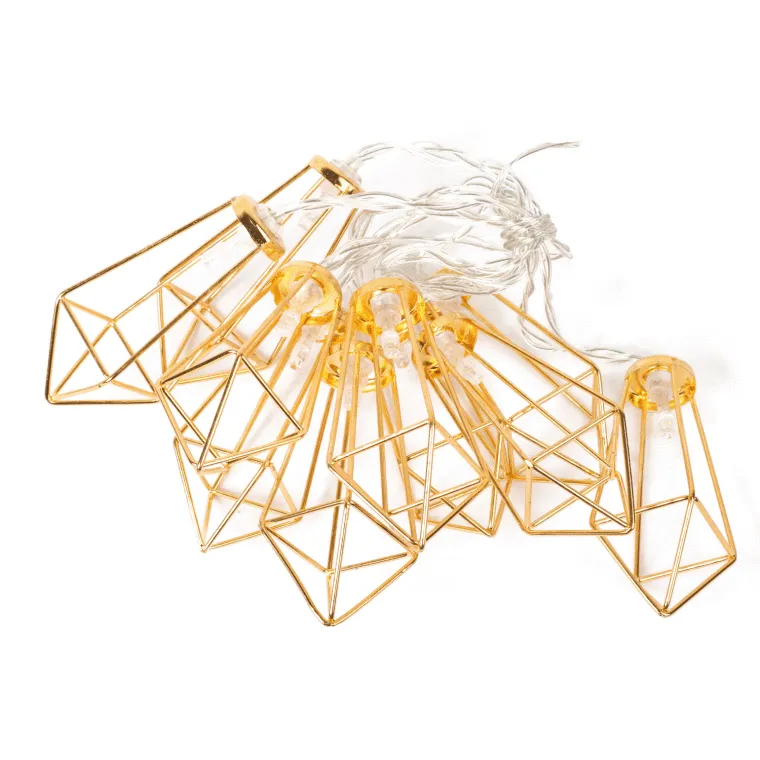 Lampki Choinkowe 10 LED Metalowe Diamenty Zasilanie Bateria - Złote
