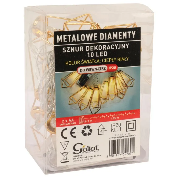 Lampki Choinkowe 10 LED Metalowe Diamenty Zasilanie Bateria - Złote