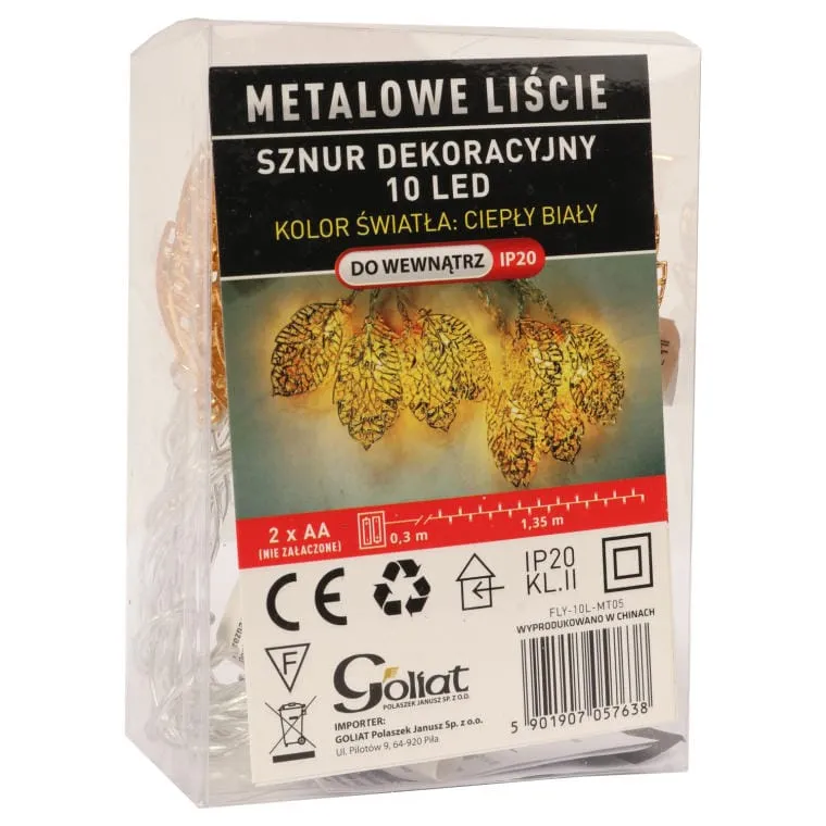 Łańcuch Świetlny Z Metalowymi Złotymi Liśćmi LED Do Choinki, 10 Lamp, Zasilanie Bateryjne