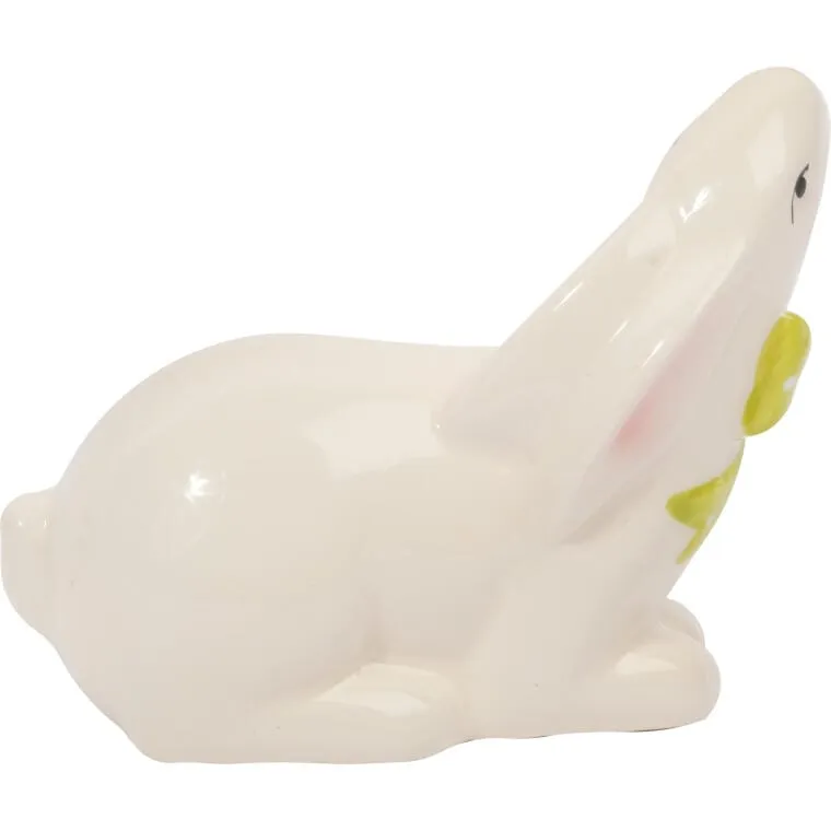 Zajączek Ceramiczny W Kolorze Białym Z Zieloną Kokardką