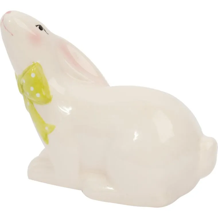 Zajączek Ceramiczny W Kolorze Białym Z Zieloną Kokardką