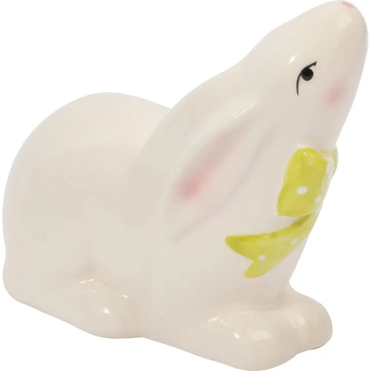 Zajączek Ceramiczny W Kolorze Białym Z Zieloną Kokardką
