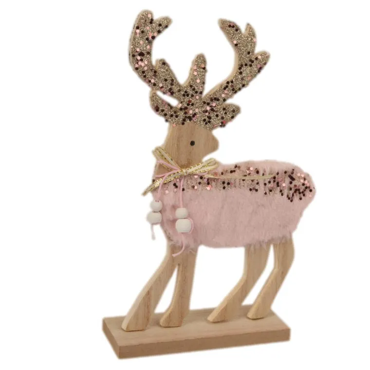 Figurka Drewnianego Renifera Z Różowym Futerkiem I Cekinami 13x4x22.5 cm