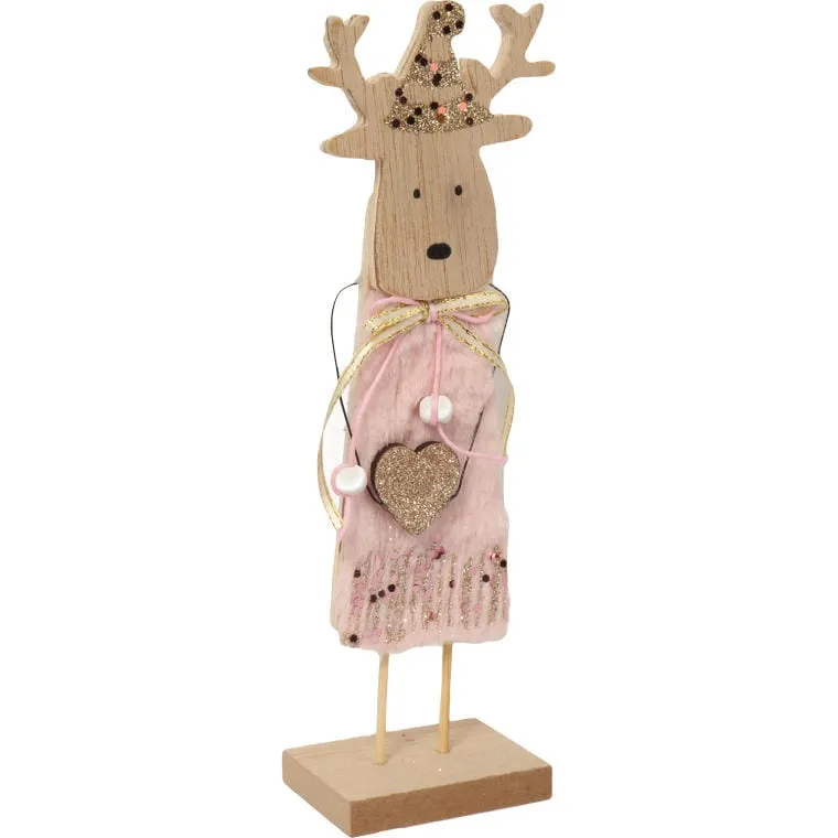 Figurka-Renifer Z Drewna Z Różowym Futerkiem, Brokatem I Cekinami 22x6x4,5 cm