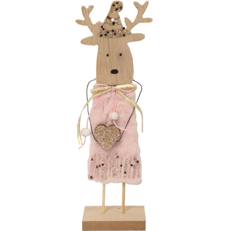 Figurka-Renifer Z Drewna Z Różowym Futerkiem, Brokatem I Cekinami 22x6x4,5 cm