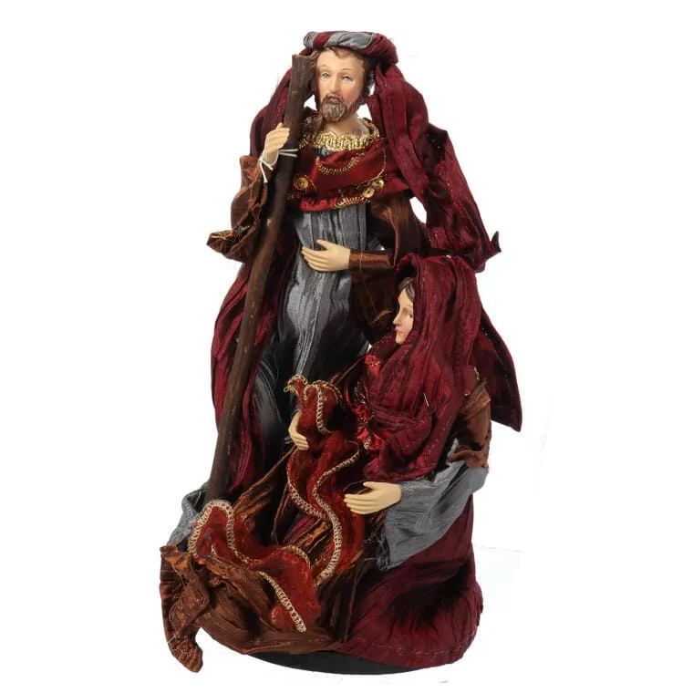 Bordowo-Szara Figurka Świętej Rodziny Z Tkaniny Lnianej 25cm - Ozdoba Bożonarodzeniowa