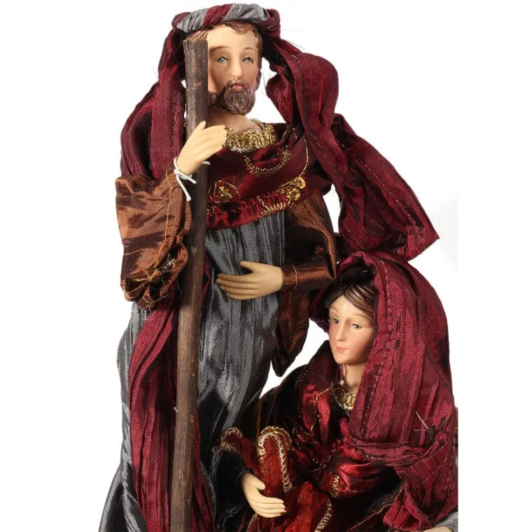 Bordowo-Szara Figurka Świętej Rodziny Z Tkaniny Lnianej 25cm - Ozdoba Bożonarodzeniowa