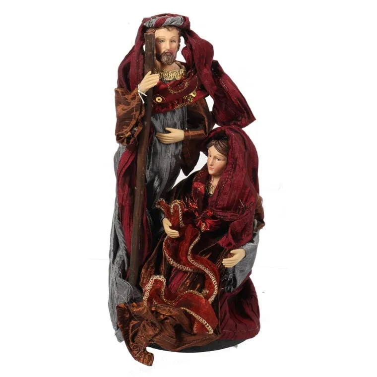 Bordowo-Szara Figurka Świętej Rodziny Z Tkaniny Lnianej 25cm - Ozdoba Bożonarodzeniowa