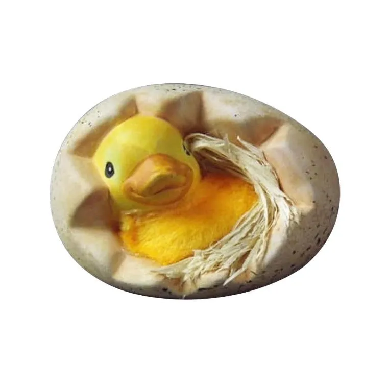 Kaczuszka Ceramiczna 9x6cm Z Futrzanym Kurczaczkiem W Jajku Ze Sianem - Żółta