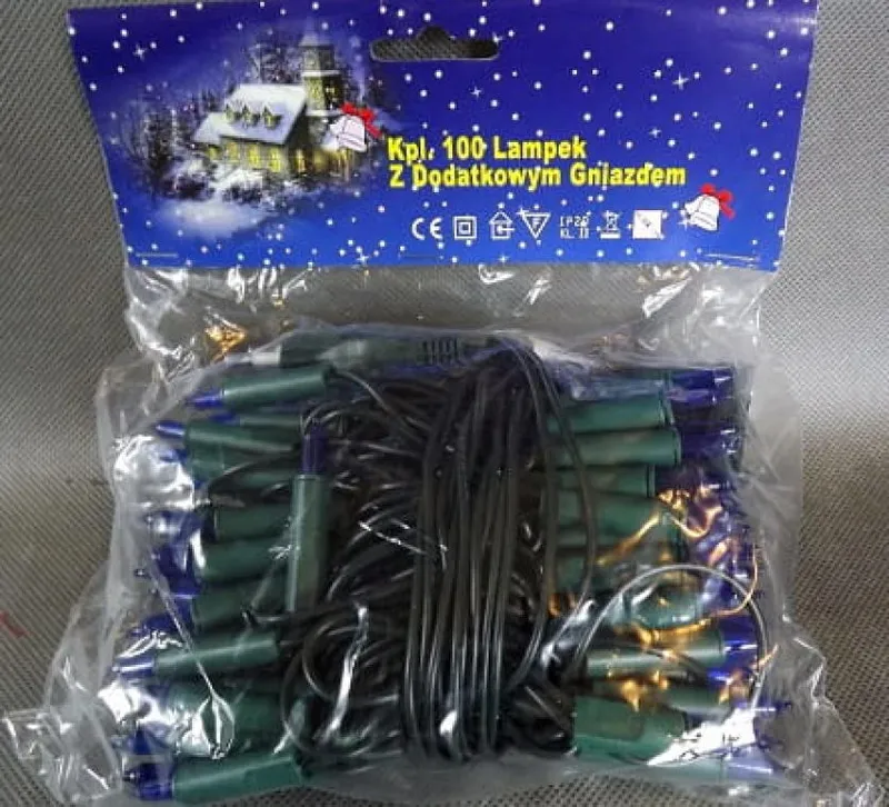 Niebieskie Lampki Choinkowe 100l Z Dodatkowym Gniazdem I Zielonym Kablem 220V-240V 6.5m