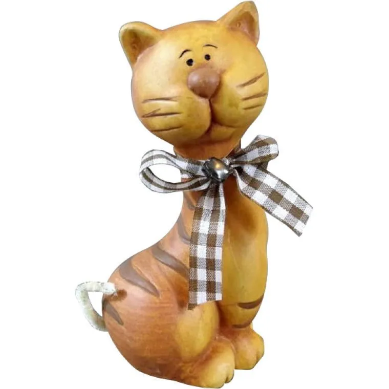 Figurka Ceramiczna Siedzący Kot Z Wstążką 15.5x8 cm - Brązowy